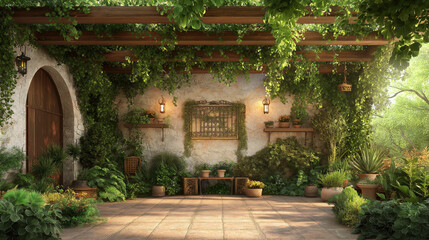 Fototapeta premium Verdant Pergola Escape: Immerse yourself in a lush outdoor haven, where vibrant greenery intertwines with rustic architecture, creating a serene space for contemplation and escape. 