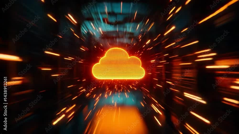Aufkleber a glowing orange cloud icon is centered in a digital data center environment with dynamic light stre