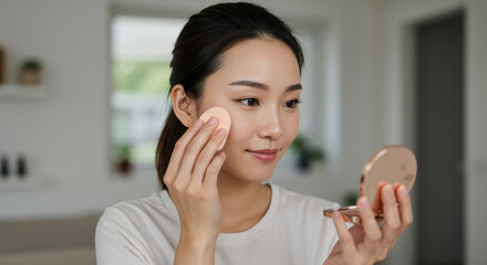 Flawless Finish: Asian Woman Applying Makeup with a Puff & Mirror. Achieve Perfect Skin, Beauty Routine, and Confidence!