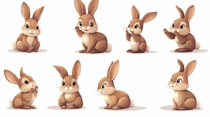 Collection of Adorable Cartoon Rabbit Poses on White Background for Graphic Designs