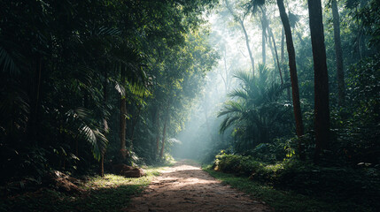 Obraz premium Enchanting jungle path scenic view with sunlight streaming through trees nature photography wallpaper background