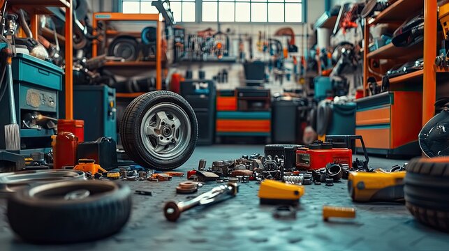 A stunning image of various car spare part on the garage floor on a car background, auto repair shop or auto parts store concept.