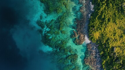 Obraz premium Aerial view Tropical coast, turquoise water, coral reef, lush vegetation, travel brochure