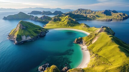 Obraz premium Tropical Island Cove Aerial View, Turquoise Water, Sunny Day, Volcanic Landscape, Travel Brochure