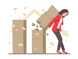 Business Woman Pushing Cracked Financial Bar Chart for Economy Recession and Bankruptcy Concept Illustration
