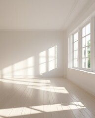 Empty white room with sunlight casting shadows on the floor, perfect minimalistic background for real estate, interior design, and modern home decoration projects

