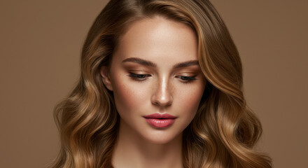 Fototapeta premium Golden Glamour: Stunning Beauty Portrait with Bronzed Makeup, Wavy Hair, & Freckled Perfection for Radiant Skin Inspiration