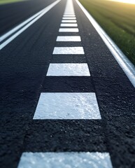 Close-up of a black and white checkered finish line on an asphalt racetrack, symbolizing competition, sports, and the goal of racing success
