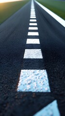 Close-up of a black and white checkered finish line on an asphalt racetrack, symbolizing competition, sports, and the goal of racing success
