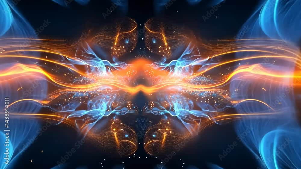 Poster dynamic energy waves: vibrant blue and orange abstract motion patterns in symmetrical flow