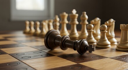 A fallen black king on a chessboard with white pieces standing in the background near a window light