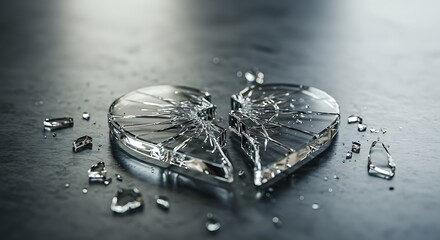 A shattered glass heart broken into two pieces with fragments scattered on a dark reflective surface