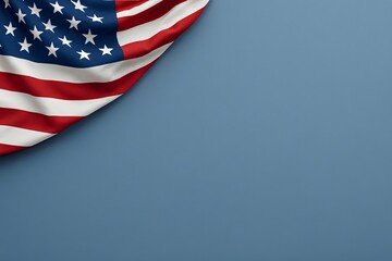 Obraz premium Patriotic American flag corner on soft blue background providing elegant copy space, ideal minimalist image for Memorial Day, Fourth of July greetings, or veteran tributes.