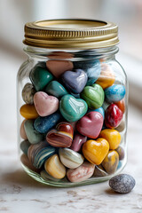  Heart candies shaped marbles in mason jar , creamy background