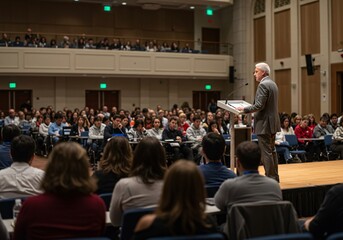 A man speaks to a large crowd in an auditorium