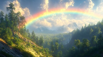 Breathtaking Landscape With Majestic Rainbow Over Forest Mountains And Cloudy Sky High Resolution Image