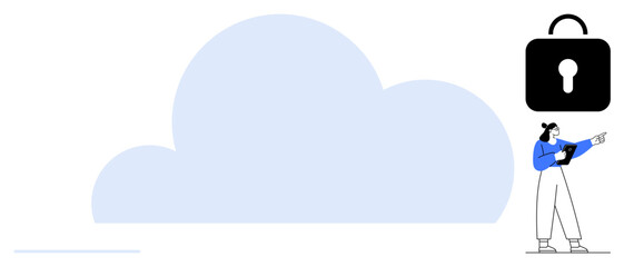 Woman holding tablet pointing to a large cloud and padlock, symbolizing secure cloud storage. Ideal for technology, security, data protection, privacy, networking, innovation, simple landing page