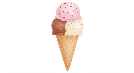 Delicious TripleScoop Ice Cream Cone Strawberry, Chocolate, Vanilla