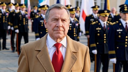 Former cia director and retired us army general david petraeus stands solemnly observing a military formation, dressed in a camel overcoat and red tie