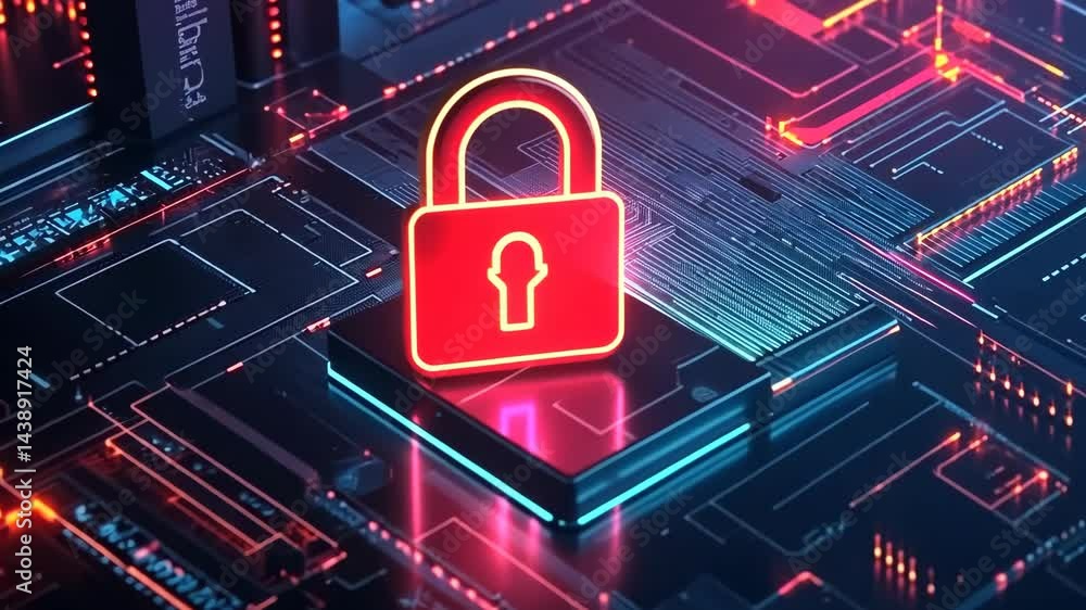 Poster glowing lock icon on circuit board depicting advanced cybersecurity encryption technology