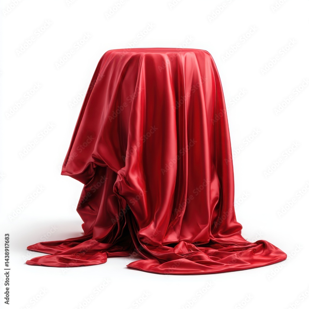 Poster red satin fabric draped over an object on a white background in a studio setting with soft lighting