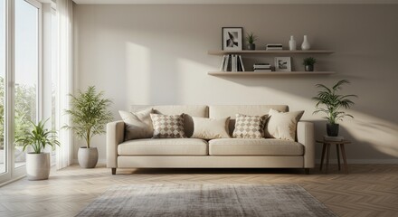 Sunlit Living Room with Beige Sofa and Neutral Decor