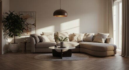Modern Living Room with Neutral Tones, Sunlight, and Stylish Furniture.