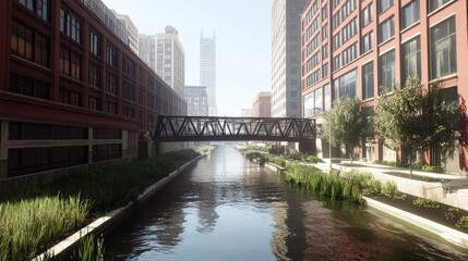 Urban canal passageway, connecting buildings and a bridge.