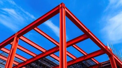 Red metal framework against a vibrant blue sky.