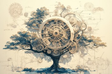 Fototapeta premium A tree with intricate clockwork mechanisms integrated into its branches and trunk, surrounded by sketches