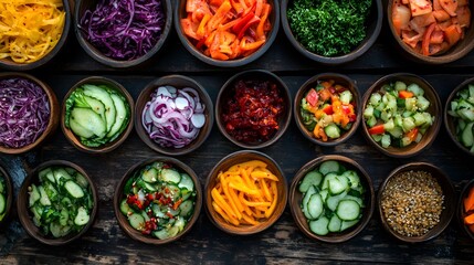 Vibrant Korean Side Dishes Banchan on Vintage Wooden Surface