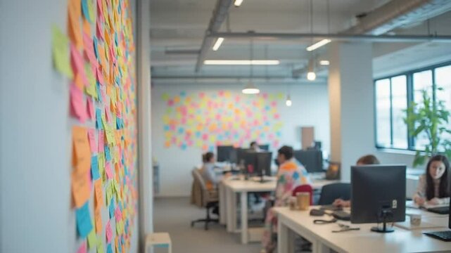 Collaborative Workspace with Colorful Sticky Notes and Office Activity