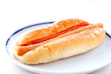 マスタードとケチャップをかけたチョリソー・ソーセージパン（ホットドッグ）
