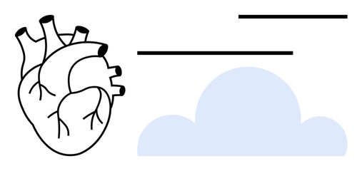 Anatomical heart paired with a cloud, symbolizing connections between health, emotions, and environment. Ideal for healthcare, science, human connection, mindfulness, sustainability wellness flat