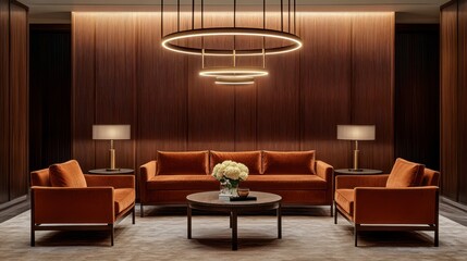 Luxurious living room, hotel lobby, evening ambiance, elegant furniture,  interior design