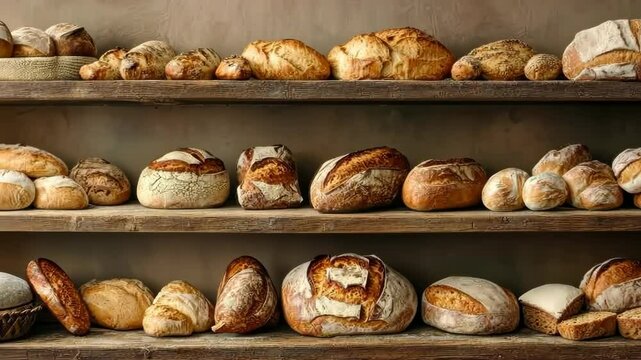 Freshly baked artisanal bread display evolves with variety on rustic shelves