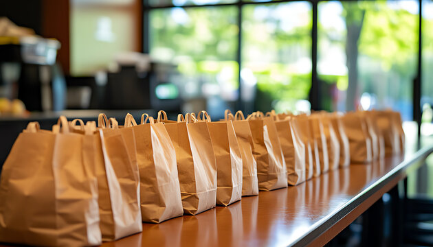 A colorful display of packed lunch bags on a table, perfect for catering and food delivery concepts.