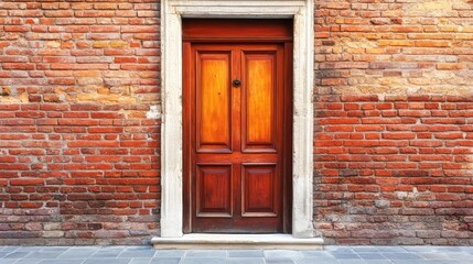 Venetian terracotta brick facade with a rustic wooden door.