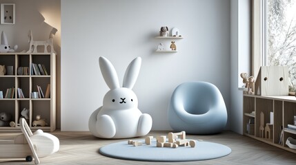 Child's room interior design, playful bunny, blue chair, wooden toys