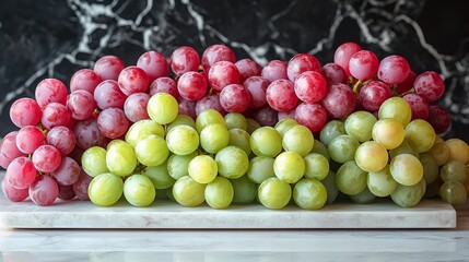 Red and green grapes on marble board.