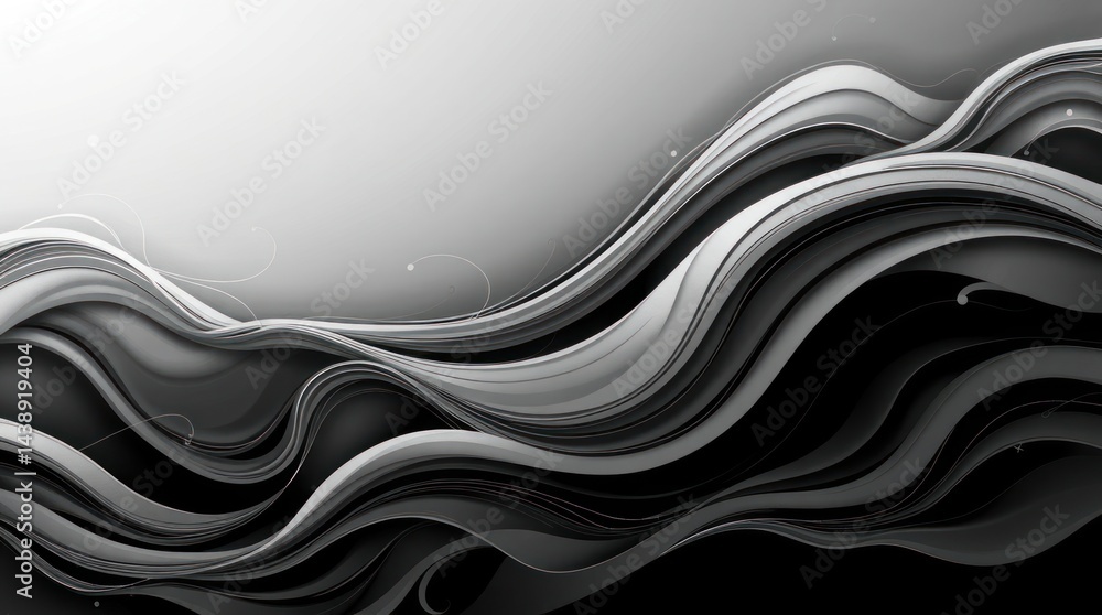 Poster abstract grayscale waves flowing, creating a dynamic, elegant design with subtle light effects