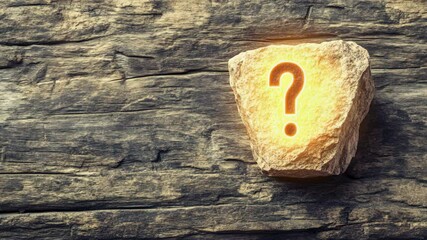 Glowing question mark on stone sitting on old wooden background implying unknown information and uncertainty concept. - Powered by Adobe