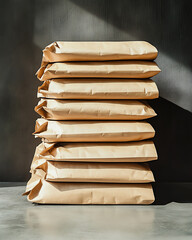 Stacked packages in eco-friendly wrapping, perfect for showcasing sustainable packaging solutions.