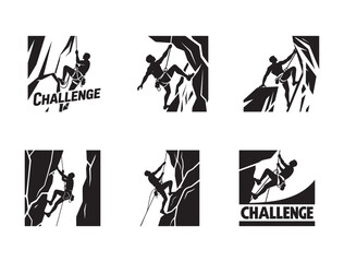 Rock Climber’s Challenge Silhouette – Bold Black Vector on White Mountain Climbing Adventure