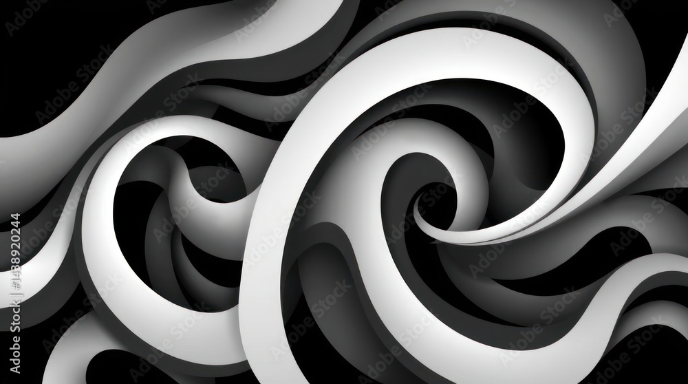 Poster abstract grayscale swirls, dynamic, flowing lines creating a vortex effect on dark background