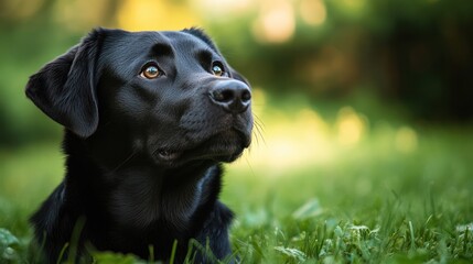 Portrait of a majestic black Labrador Retriever in green grassy field