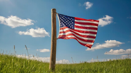 American flag waving atop grassy hill