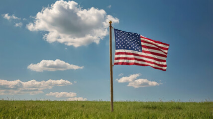 American flag waves in summer meadow