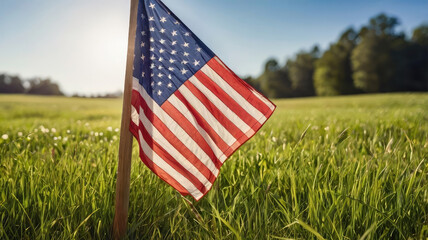 Stars and Stripes flutter in grassy meadow