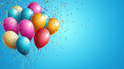 Festive Celebration with Colorful Balloons and Confetti against Azure Backdrop